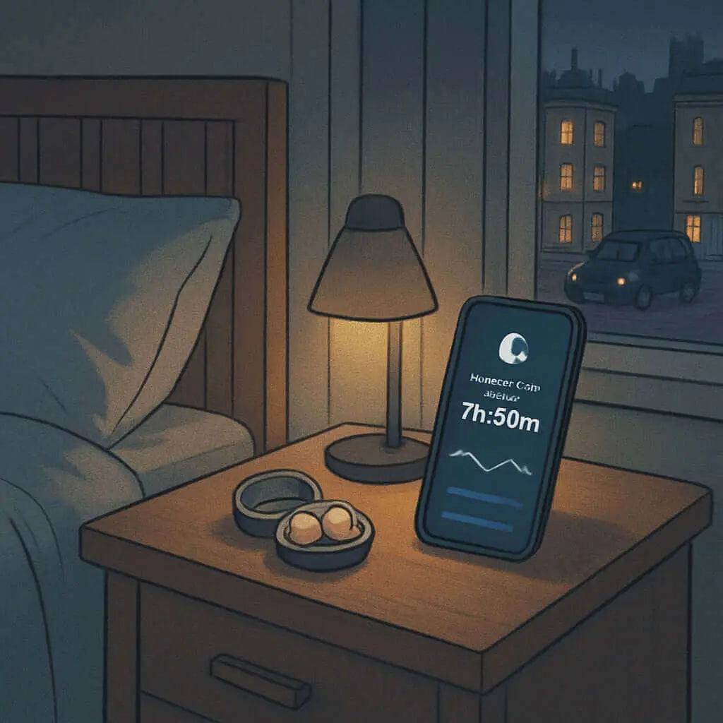 A bedroom with a quiet, dimly lit room, a small desk lamp, a set of silicone earplugs on a nightstand, and a sleep tracker app on a phone screen. Alt: A peaceful sleep environment with earplugs and a sleep tracker.