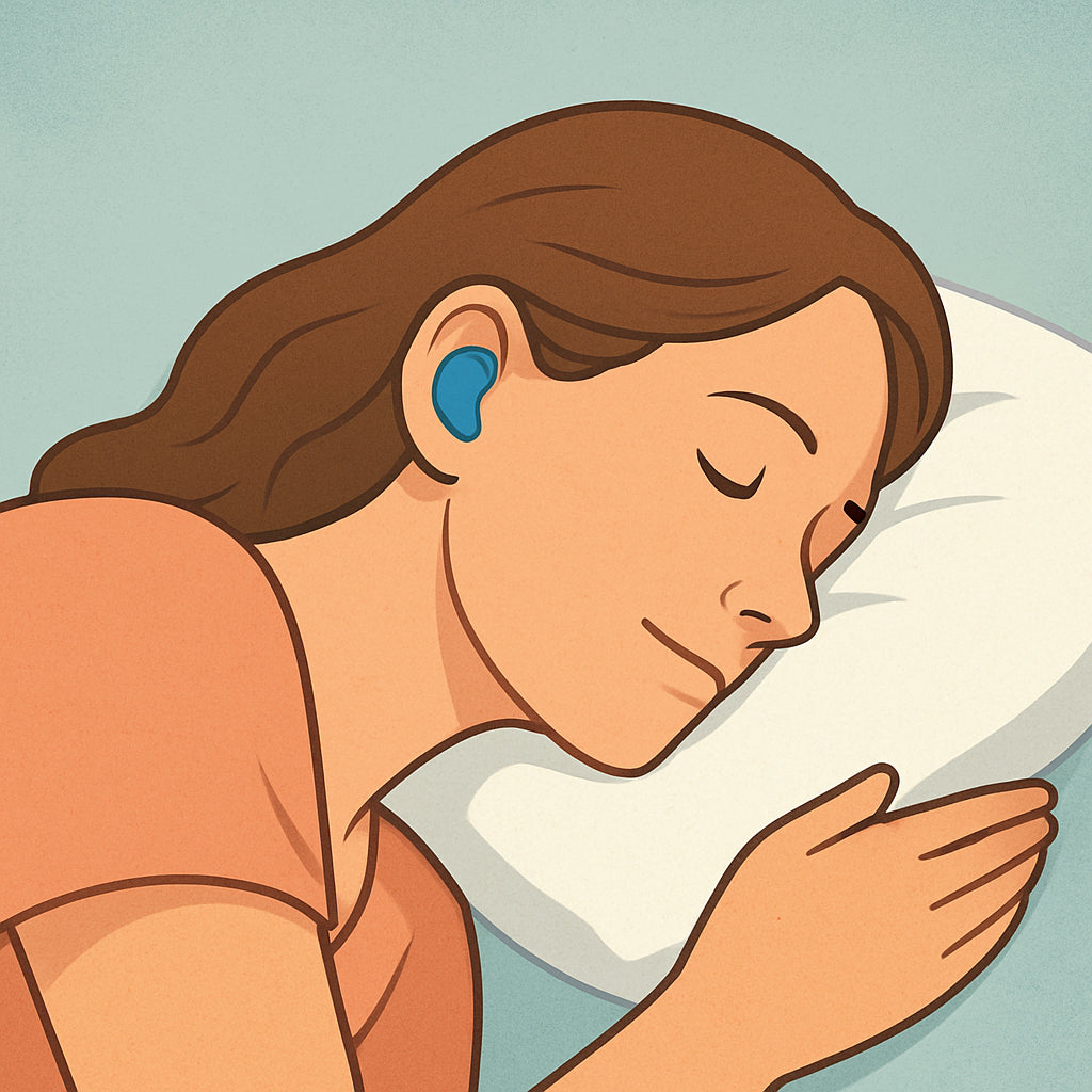 A side sleeper lying on a pillow with silicone earplugs gently tucked in, showing comfort and quiet night. Alt: side sleeper silicone earplugs comfort