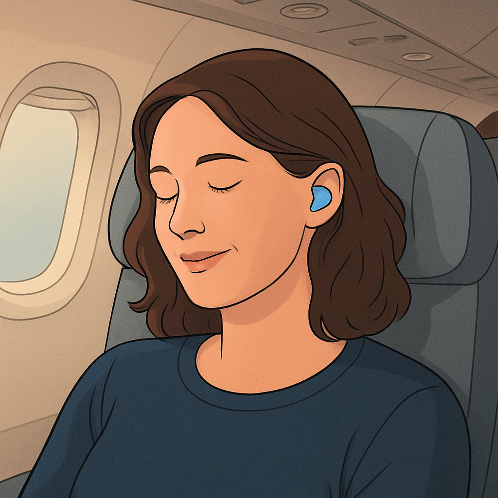 A side sleeper on an airplane, wearing silicone earplugs and a gentle smile, soft cabin lighting, showing comfort and quiet. Alt: earplugs for plane travel side sleeper.