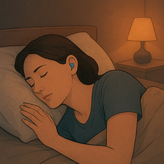 A side sleeper wearing silicone earplugs, soft pillow and dim bedroom lighting. Alt: side sleeper noise sensitivity earplugs for loud environments