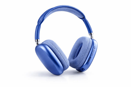 Blue head phones with soft ear cushions and adjustable headband for comfortable listening.